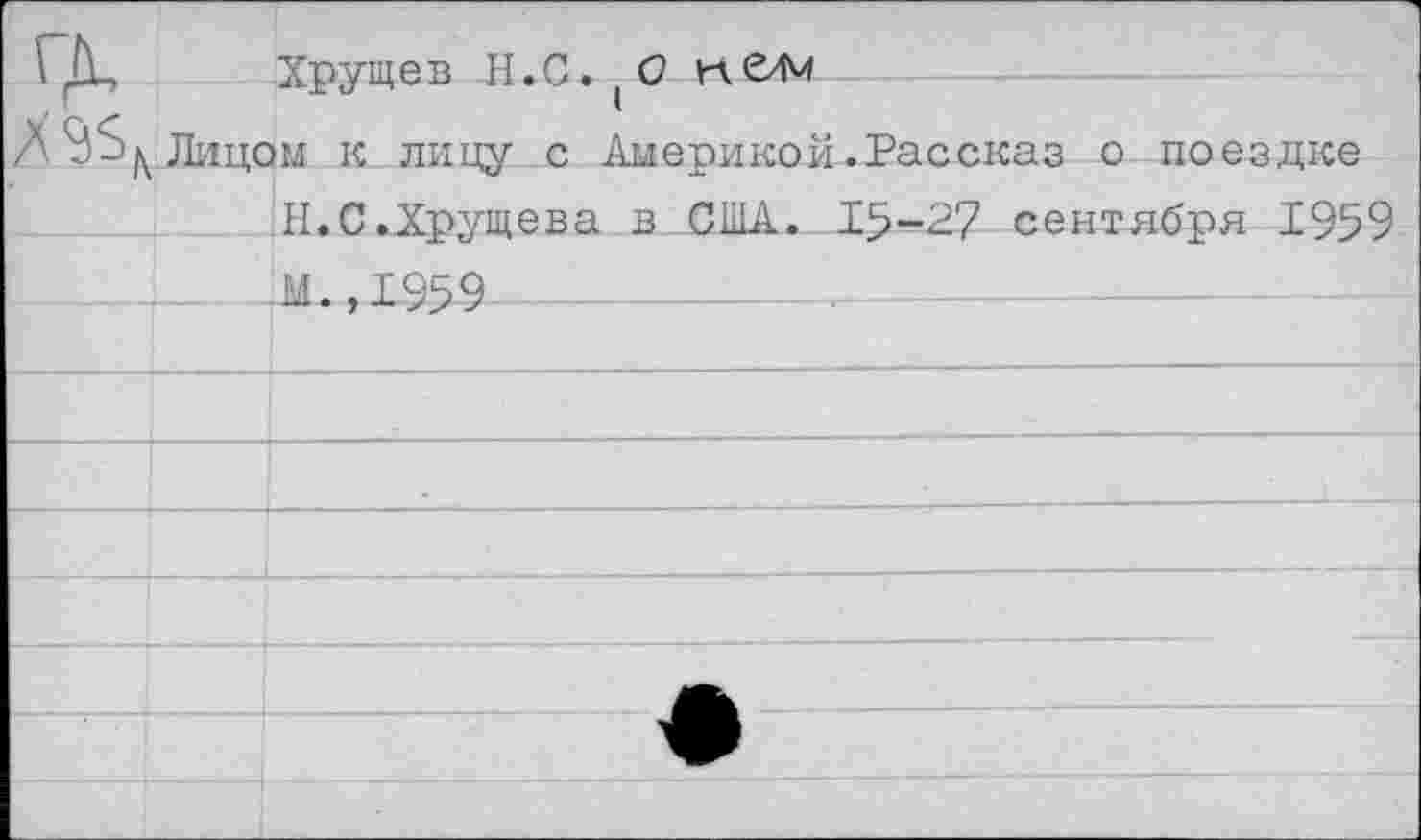 ﻿\ Д, Хрущев Н.С.(О келм
/'З^Лицам к лицу с Америкой. Рас сказ о поездке
Н.С .^Хрущева в США. 1^-2? сентября 1959
-4----М., 1.959	--------